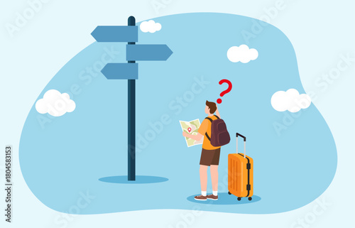 A confused traveler with luggage and a map standing at a signpost, symbolizing uncertainty, decision-making, and the challenges of navigating a journey.