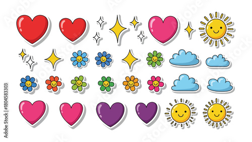 Joyful Icons: A vibrant collection of colorful cartoon elements, including hearts, stars, flowers, clouds, and suns, evokes a feeling of pure delight and positive energy.