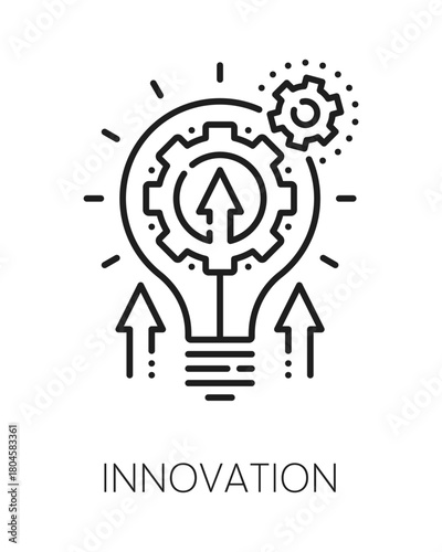 Innovation ESG line icon or emblem. Company ESG development lineart vector pictogram, responsible social governance symbol. Sustainable environmental technology icon with idea bulb lamp, cogwheel