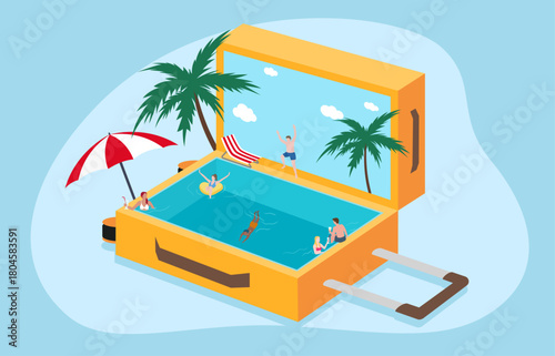 A suitcase transformed into a tropical resort swimming pool scene, symbolizing vacation, relaxation, and the essence of a perfect getaway.
