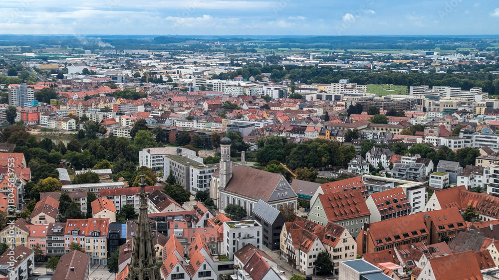 Obraz premium Cityscape of Ulm from the heights of Ulm Minster is a Gothic church, Germany.