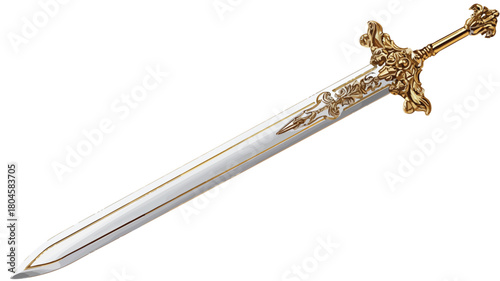 Elegant Gold Sword on White Background with Outline Isolated Vector