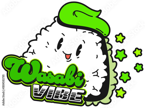 Asian food sushi wasabi emoji retro Y2K sticker or tag. Sushi dish retro tag, Japan seafood delicacy Y2K vector patch. Asian menu meal sticker with sushi rice roll and wasabi emoji character