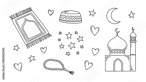 Holy Symbols of Worship: An array of detailed hand-drawn illustrations depicting the spiritual symbols of religious, including prayer mat, hat, rosary, moon, star, heart, mosque.