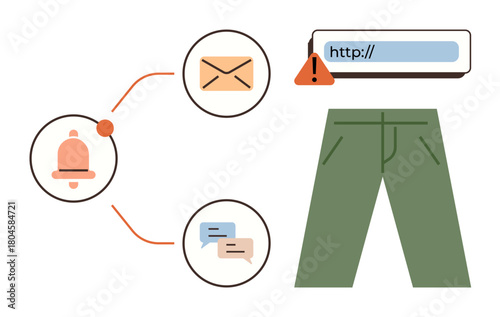 Notification bell, email, chat messages connected to browser alert by lines, next to green pants. Ideal for communication, alerts, notifications, digital safety, privacy networking messaging