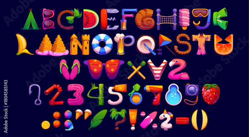 Travel vacation font, summer typeface, tropical type, English alphabet letters, numbers and symbols with beach items, fruits, toys, sunglasses, palms, slippers and sandcastles. Vector cartoon kids abc
