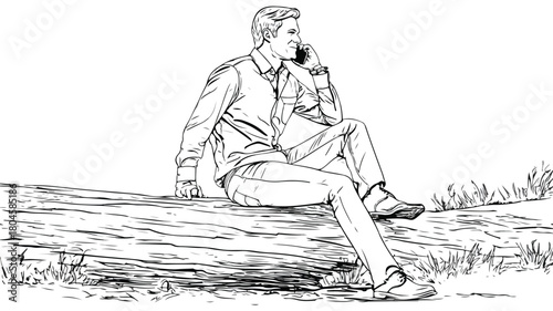 Man Sitting on Log Talking on Cell Phone Vector Illustration