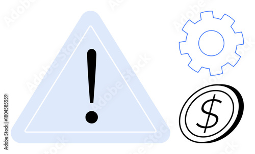 Warning sign with exclamation mark, gear, and dollar coin symbolizing financial risk, operational efficiency, and economic caution. Ideal for safety, economics, management, problem-solving