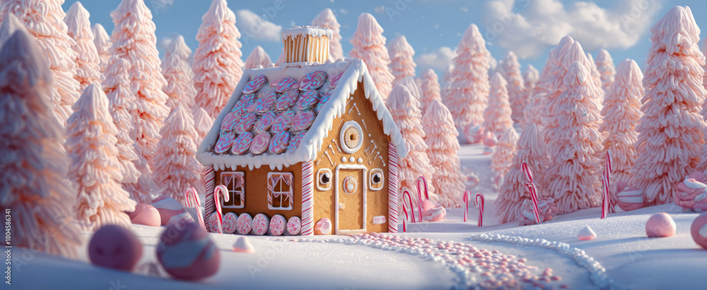 Naklejka premium Colorful gingerbread house nestled in joyful winter wonderland, evoking sweet holiday cheer
