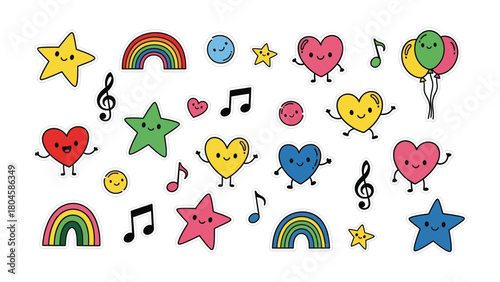 Cheerful Symbols Galore: A vibrant collection of playful drawings features a cast of cheerful characters, including smiling stars, hearts, and rainbows, along with musical notes and balloons.