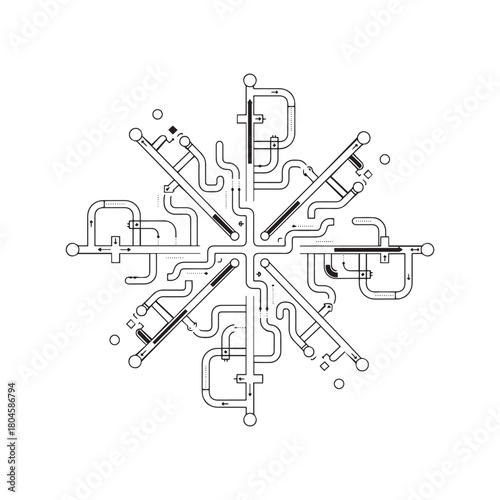 Complex Digital Network Diagram: Data Pathways, Abstract Snowflake, and Circuit Flow