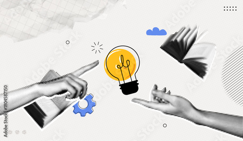 Trendy Halftone Collage Two Hands with lightbulb. Creative mind, brainstorm or innovation. Create creative idea concept. Business solutions. Think outside box. Contemporary vector illustration art