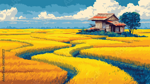 Serene Rice Field Landscape with Traditional House - Vector Illustration