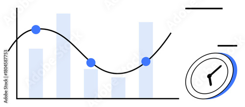 Line graph with data points atop bar chart beside a minimalist clock. Ideal for analytics, business, planning, strategy, efficiency, time management, progress tracking. Simple flat metaphor