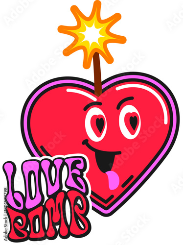 Love bomb and TNT vintage Y2K sticker or label. TNT grenade groovy tag, funny bomb isolated vintage hippie Y2K vector patch. Explosive, heart bomb funny character with burning wick label or sticker