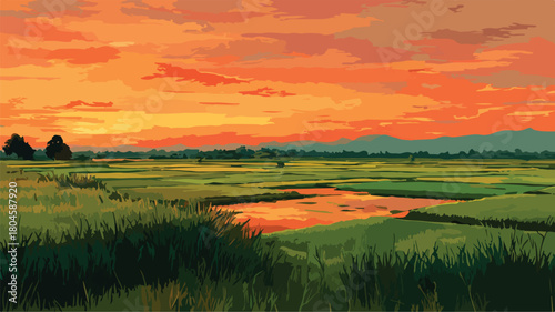 Scenic Rice Field Sunset Painting for Creative Projects