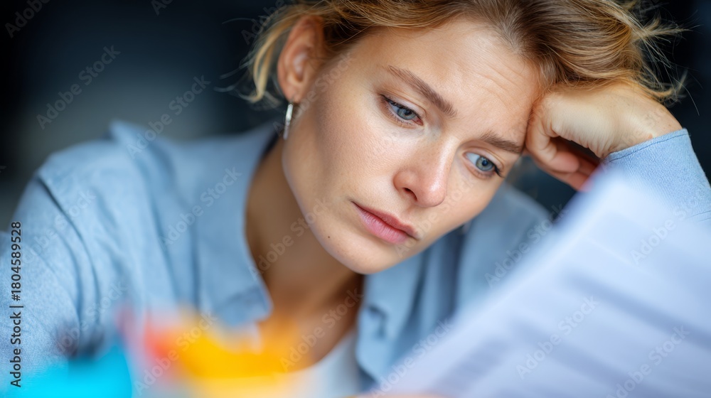 Fototapeta premium Portrait of a smiling young blonde woman with beautiful eyes and long hair lying on bed at home