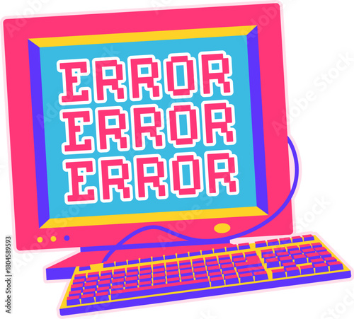 Computer error Y2K groovy sticker or hippie tag. Retro cute groovy vector sticker, hippie 80s funky patch. Vintage 60s cartoon label or funny positive Y2K tag with error message on PC CRT monitor
