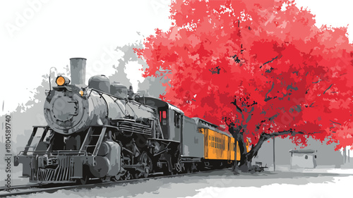 Scenic Train Painting with Tree and Background Landscape