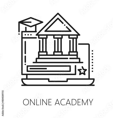 Online education academy line icon or pictogram. Online education outline pictogram, e-learning academy vector sign. Web courses webinar symbol with laptop, university columns and graduation hat