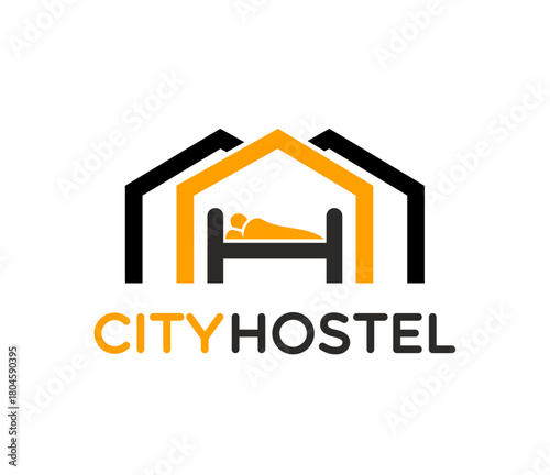 Hostel motel business graphic icon or badge. Resort hotel graphic emblem, travel hostel vector sign. Rental accommodation business icon or motel company symbol with typography and person in bed