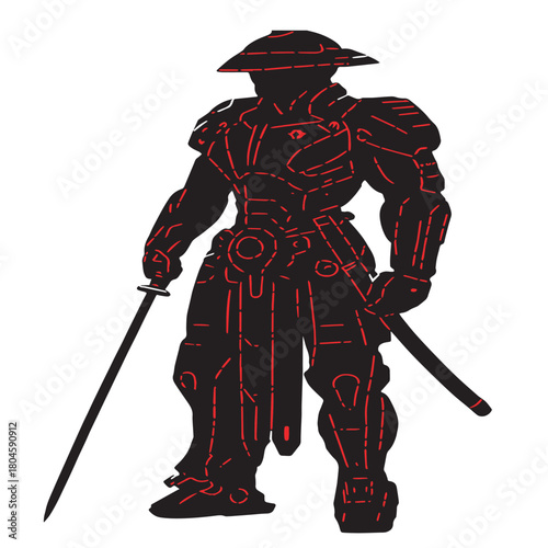 Silhouette of a futuristic samurai warrior with red accents and two swords.