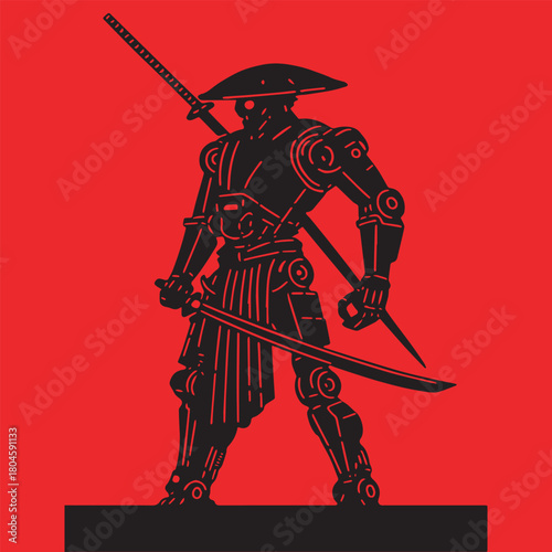 A black silhouette of a futuristic robotic samurai warrior holding two katanas against a solid red background.