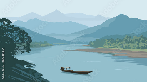 Serene River Landscape with Boat and Majestic Mountains in Background