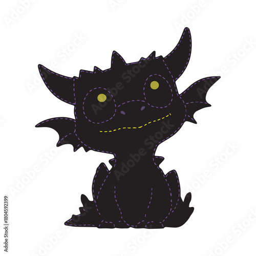 A charming black dragon plush toy with yellow eyes and stitched details.
