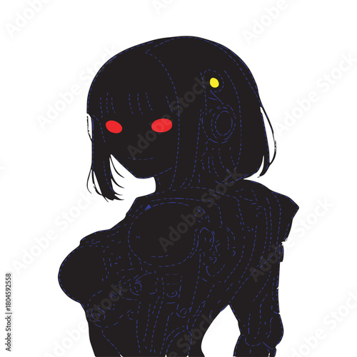 Billede på lærred Silhouette of a dark-haired anime girl with glowing red eyes and a yellow dot on her head