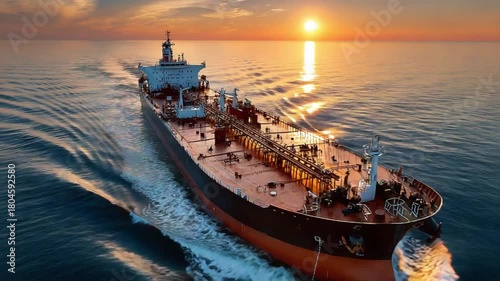 Navigating Sunset: An impressive oil tanker slices through the tranquil waters, bathed in the warm, golden hues of a setting sun, symbolizing global trade and maritime power.