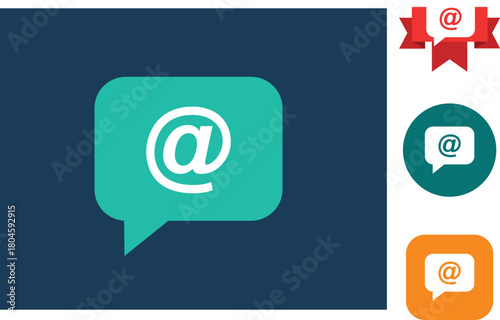 Teal speech bubble with at symbol on dark blue background and icons email message
