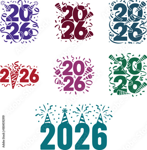 Colorful seven  new year 2026 celebration design with confetti and bold numbers & variation design, Stylized 2026 typography displayed . Unique 2026 numeral. 