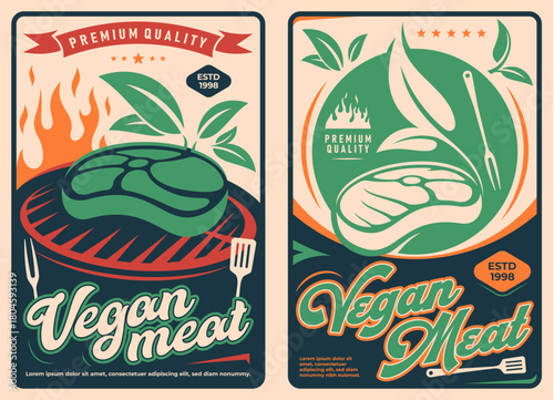 Vintage vegan meat vector posters, plant based meat steak with green leaves, grill and fire flames. Vegetarian protein food of organic vegan meat steak on grill grid, plant based meatless veggie menu