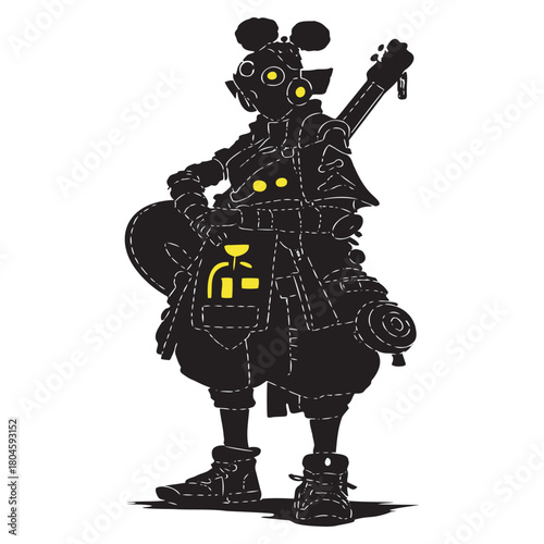 Silhouette of a futuristic, steampunk-inspired character with a gas mask and musical instrument.
