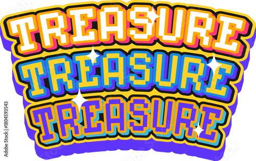 Pirate treasure retro Y2K sticker or symbol. Pirate treasure hunting patch, piracy and sailing Y2K vector tag. Filibuster marine label or sticker with colorful pixelated typography text
