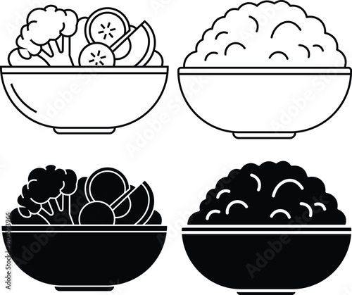 Two bowls of food one with broccoli and fruit slices and one with rice vector