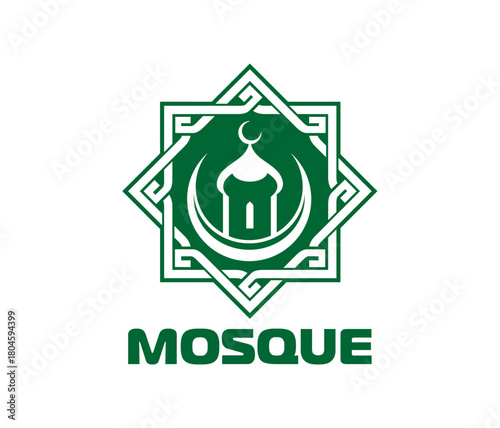 Islamic muslim mosque spiritual icon or sign. Muslim Quran spiritual emblem, Arab mosque center vector symbol. Islamic religion school icon or sign with green Rub el Hizb, crescent and minaret