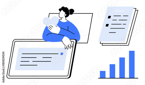 Individual holding heart near tablet with texts, documents, and bar chart. Ideal for technology, digital communication, love, self-care, progress data analysis workflow concepts. Simple flat