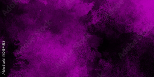 Hand-drawn bright pink gradient abstract watercolor splashed on the paper. black background with purple gradient smoke .