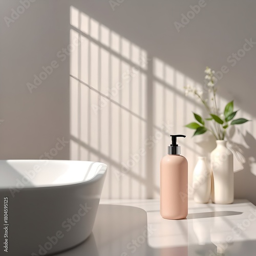 Wallpaper Mural  shampoo bottle mockup in bathroom scene, modern design Torontodigital.ca