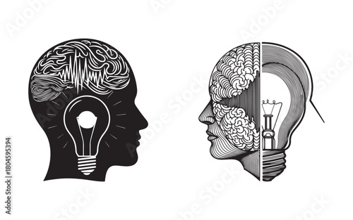 Creative Mind and Idea Generation: Brain, Lightbulb, and Intellect Symbolism