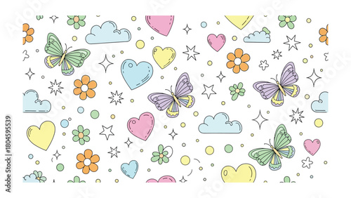 Whimsical Delight: A colorful illustration features butterflies, hearts, and clouds, evoking a sense of joy and playful wonder.