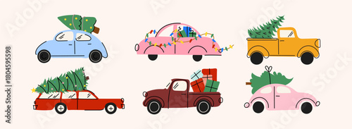 Cartoon Christmas Cars with Tree on Roof – Cute Holiday Van with Gifts and Garlands, New Year Illustration