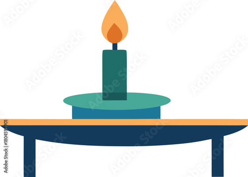 Candle on a table vector illustration lit flame wax light plate holder furniture burning fire decoration white background