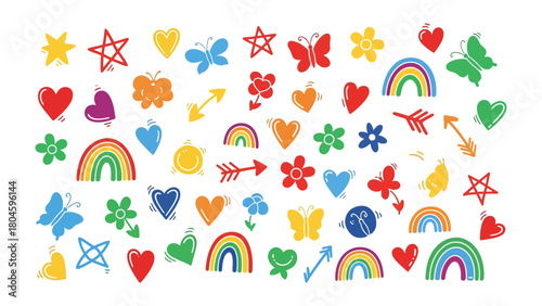 Vibrant Illustrations of Fun Elements: A colorful array of cheerful hearts, stars, flowers, rainbows, butterflies, and arrows create a delightful visual symphony of joy.
