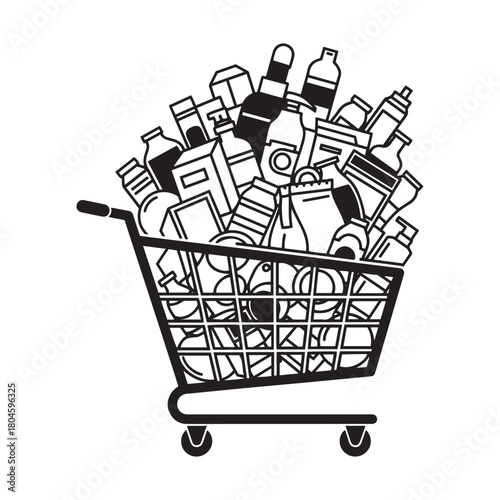 Full Shopping Cart Icon: Grocery Retail, Consumerism, and Overstocking Symbol