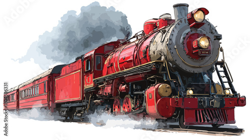 Red Train with Front Train and Smoke, Transportation Industry Illustration