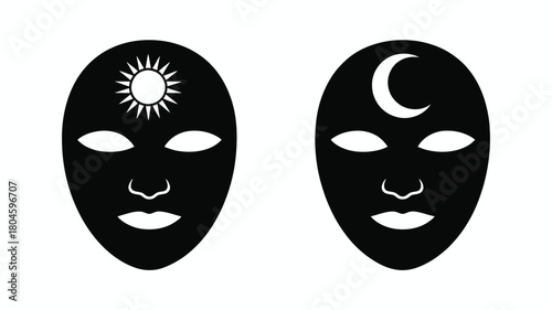 Dualistic masks symbolizing day and night concepts with sun and moon emblems, perfect for representing duality, balance, or contrasting ideas.