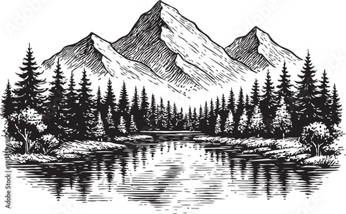 Monochrome landscape featuring mountains trees and a river with reflections in a detailed vector drawing style on a white background